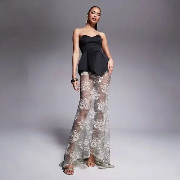 ASOS DESIGN premium molded dress, lace maxi skirt, black scuba-style fabric - Picture 1 of 2